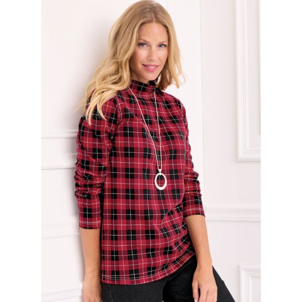NEW Red Plaid Plus Sz 3X Casual or Dress Cotton Blend Mock Neck Shirt BLAIR